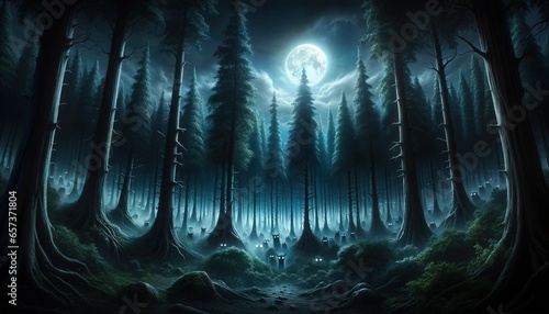 Scary dark fantasy forest under the moon