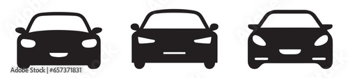 A stock vector featuring a car icon and the silhouette of an automobile viewed from the front. This collection of transport icons includes a sedan car symbol and other auto vehicle representations.