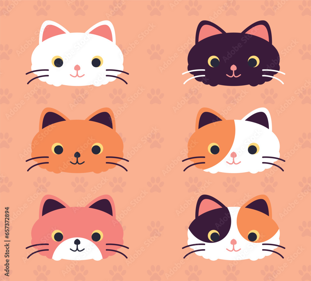 set of cats. Cat head face icon set. Cats head vector. Vector cute cat faces. International Cat Day. 