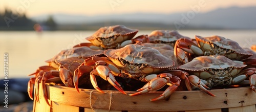 Male Dungeness crabs observed in a Canadian crab trap on a dock With copyspace for text photo