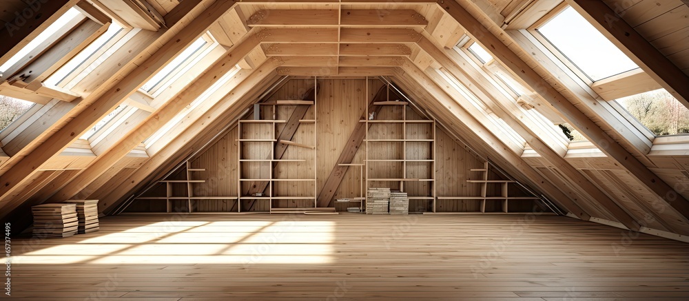 Attic loft built on the roof With copyspace for text - obrazy, fototapety, plakaty 