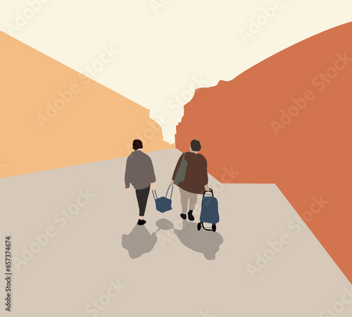 Two woman holding heavy textile bag with groceries walking on city street during summer holiday shopping market.