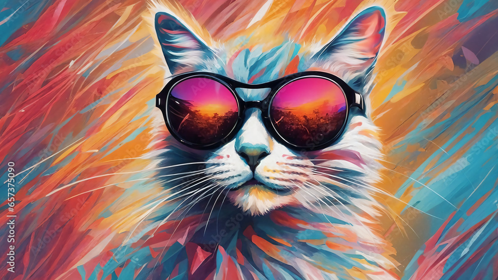 a cat wearing sunglasses with a colorful background, abstract art, illustration
