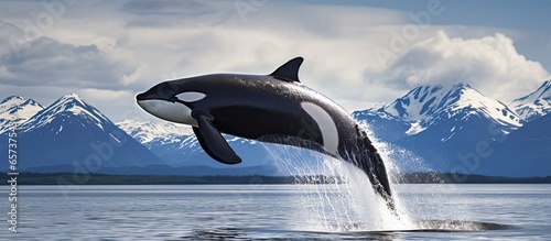 Kamchatka s orca performing impressive leap in Northwest Pacific With copyspace for text photo