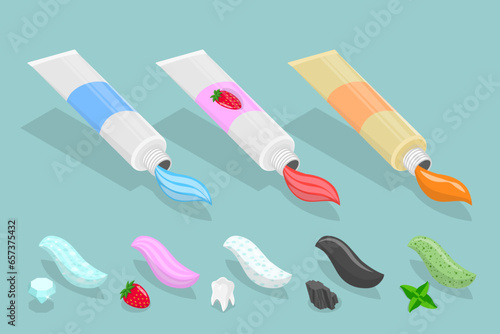 3D Isometric Flat Vector Set of Toothpaste Of Different Tastes, Oral Hygiene and Teeth Daily Care