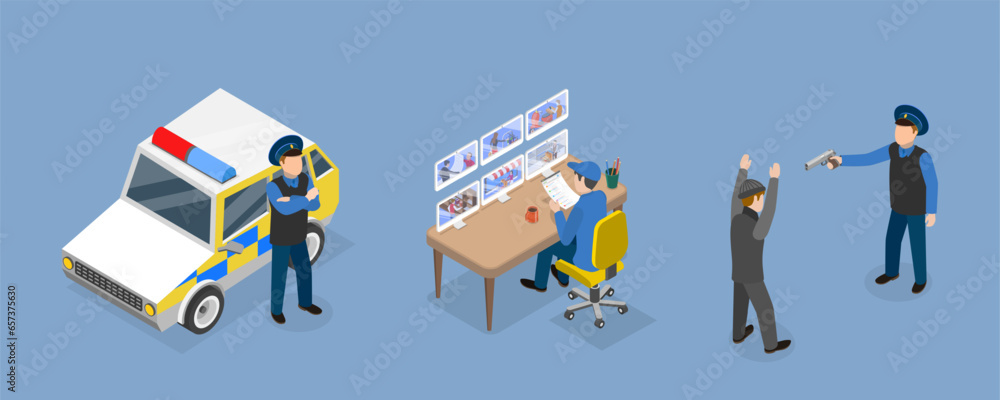 3D Isometric Flat Vector Conceptual Illustration of Police Patrol, Crime Punishment and Law Enforcement