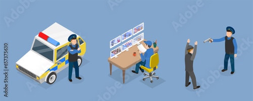 3D Isometric Flat Vector Conceptual Illustration of Police Patrol, Crime Punishment and Law Enforcement