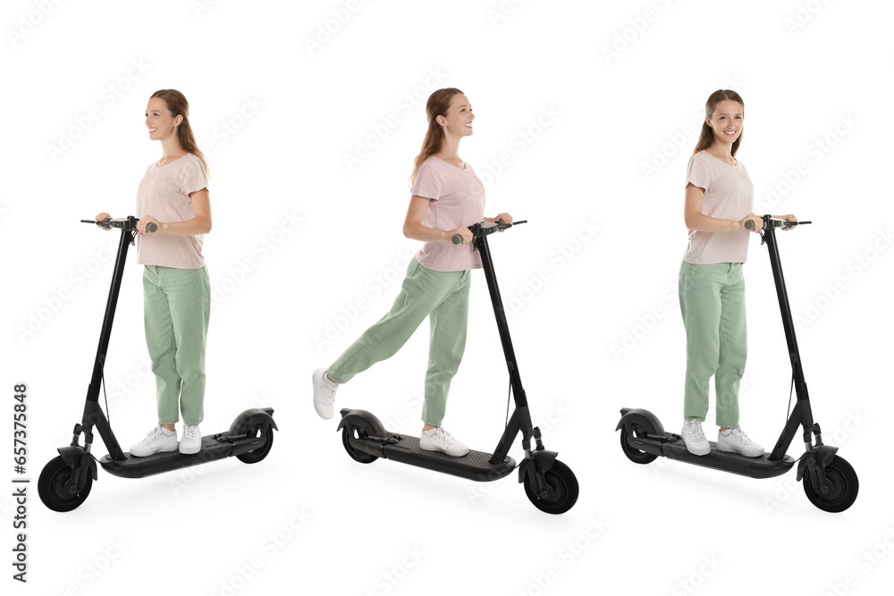 Woman with electric kick scooter isolated on white. Set of photos Woman with electric kick scooter isolated on white. Set of photos