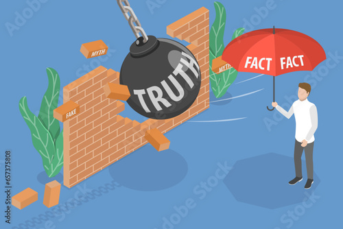 3D Isometric Flat Vector Conceptual Illustration of Fact Vs Truth, Honest Evidence Against Invented Deception