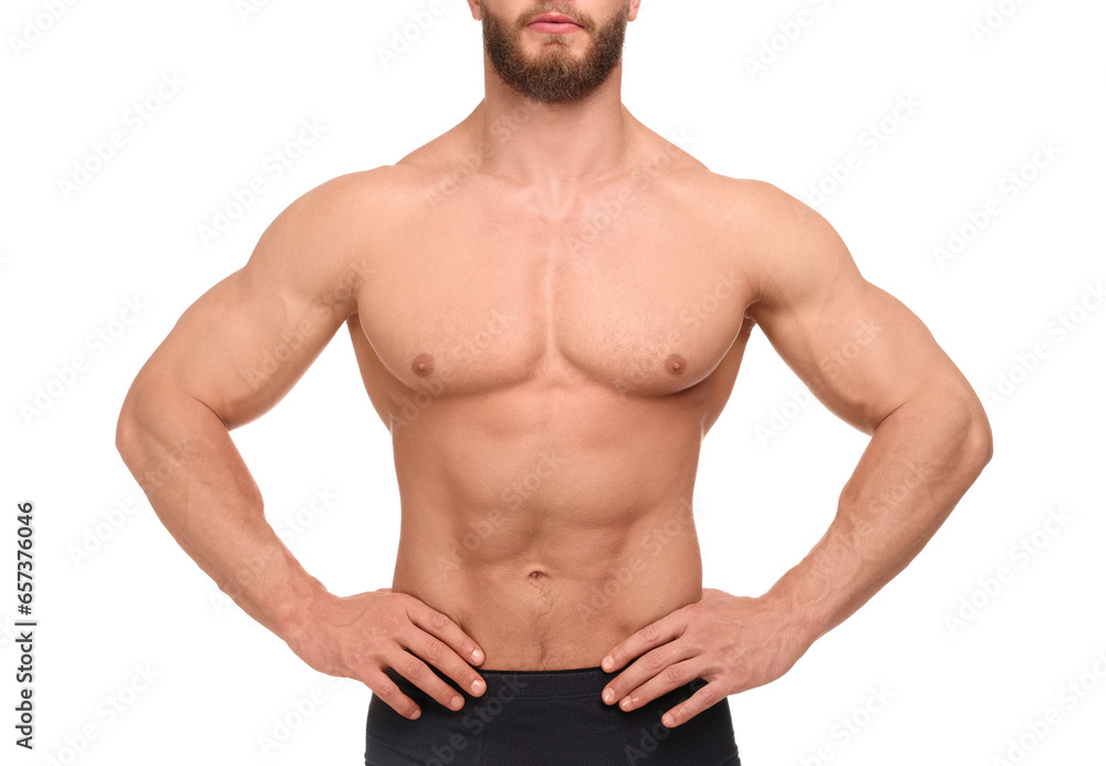 Muscular man showing abs isolated on white, closeup. Sexy body Muscular man showing abs isolated on white, closeup. Sexy body