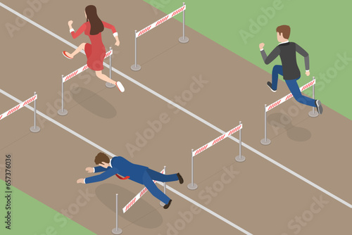3D Isometric Flat Vector Conceptual Illustration of Obstacles Overcoming, Businessman Jumping Over Hurdle