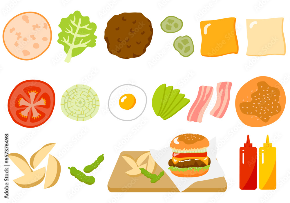 ハンバーガーの具材と付け合わせのポテトとピクルス、調味料のセット ハンバーガーの具材と付け合わせのポテトとピクルス、調味料のセット