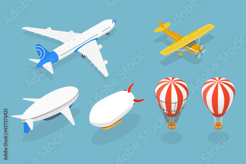 3D Isometric Flat Vector Set of Airships , Vintage Aviation Collection
