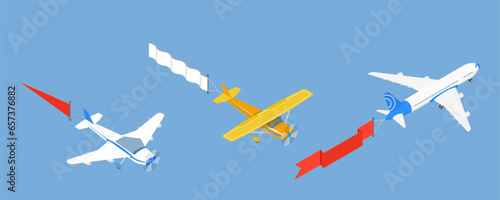 3D Isometric Flat Vector Set of Aircrafts In Sky With Banners, Flying Advertising