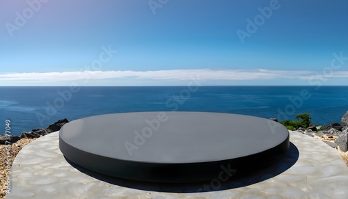 round  black  podium  stone  platform  tranquil  ocean  sea  sky  beach  mountain  island  cloud