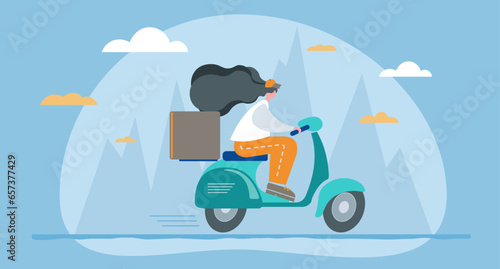 Mujer en scooter o moto trabajando de repartidora fondo de montañas, cielo y nubes. Ilustración en vectores con estilo cómic. Recurso gráfico