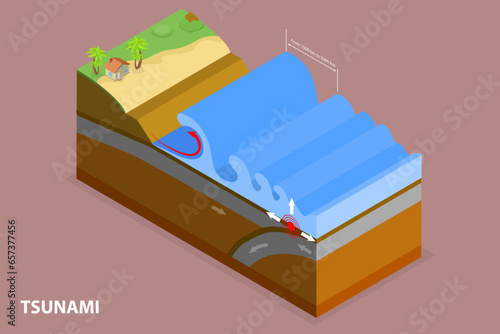 3D Isometric Flat Vector Conceptual Illustration of Tsunami, Waves from Earthquake