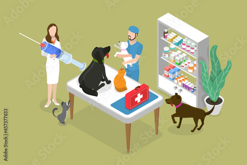 3D Isometric Flat Vector Conceptual Illustration of Pet Vaccination, Vet Clinic or Hospital