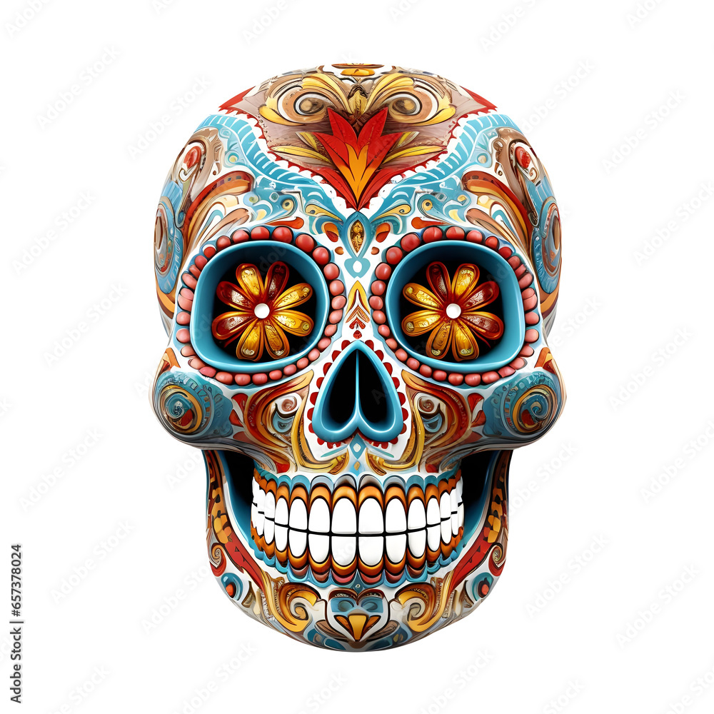 Ornately designed or painted Mexican skull for the day of the dead, dia de los muertos skull isolated on transparent background, AI Ornately designed or painted Mexican skull for the day of the dead, dia de los muertos skull isolated on transparent background, AI