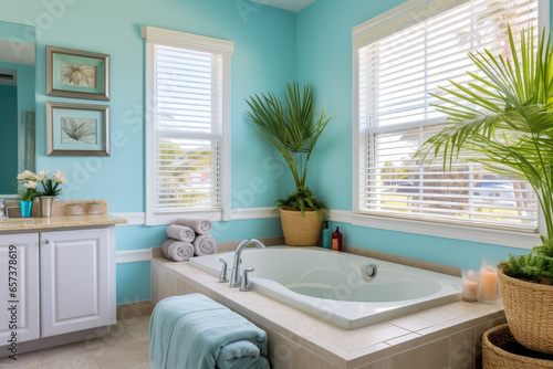 Tranquil beach-themed bathroom with seashell decor and sandy tones  creating a coastal oasis inspired by the soothing ocean and coastal living.