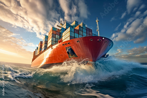 Big container cargo ship overcomes the big waves and sails to the port in the background of sea and beautiful sky.