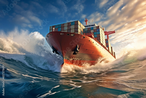 Big container cargo ship overcomes the big waves and sails to the port in the background of sea and beautiful sky.