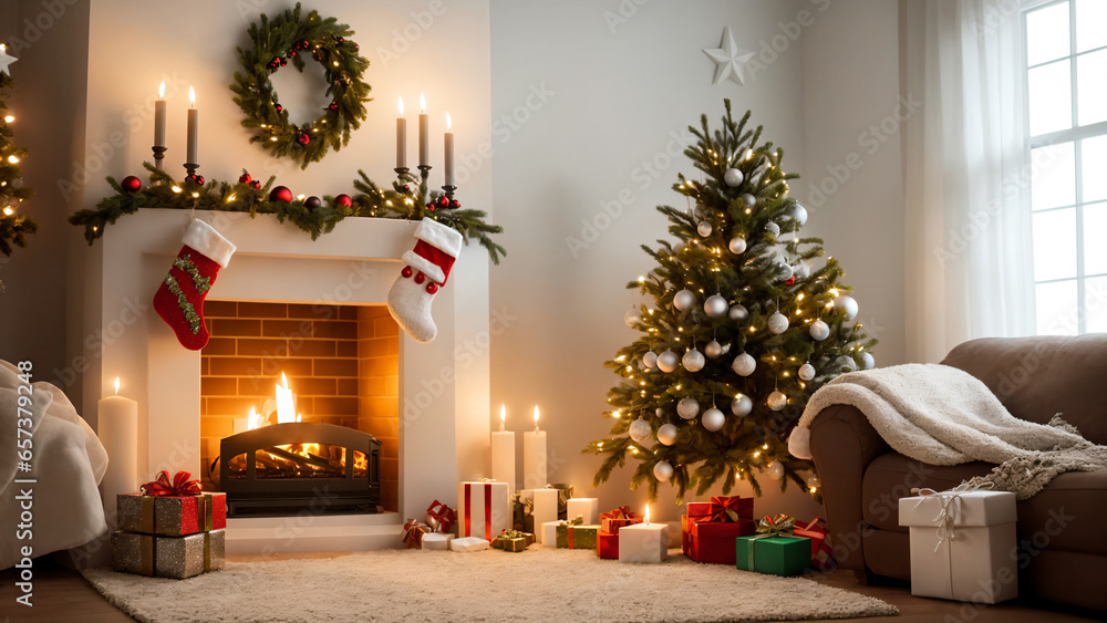 Christmas tree with gifts and decorative candles