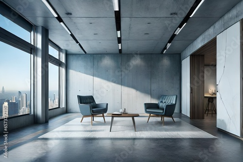 A modern, light-filled room with large windows, concrete walls, and two dark blue armchairs. A small table sits between them.
