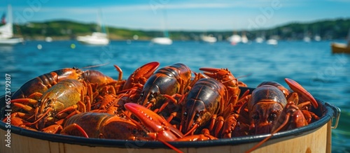 Live lobster demonstration on a sunny summer day in Boothbay Harbor Maine aboard a boat With copyspace for text