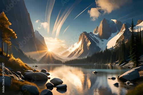 A painting of a lake with a mountain in the background
 Marveling at the majestic mountain views generative aixa beautiful sunset backgrount with small lack and large mountain Ai Generative
 photo