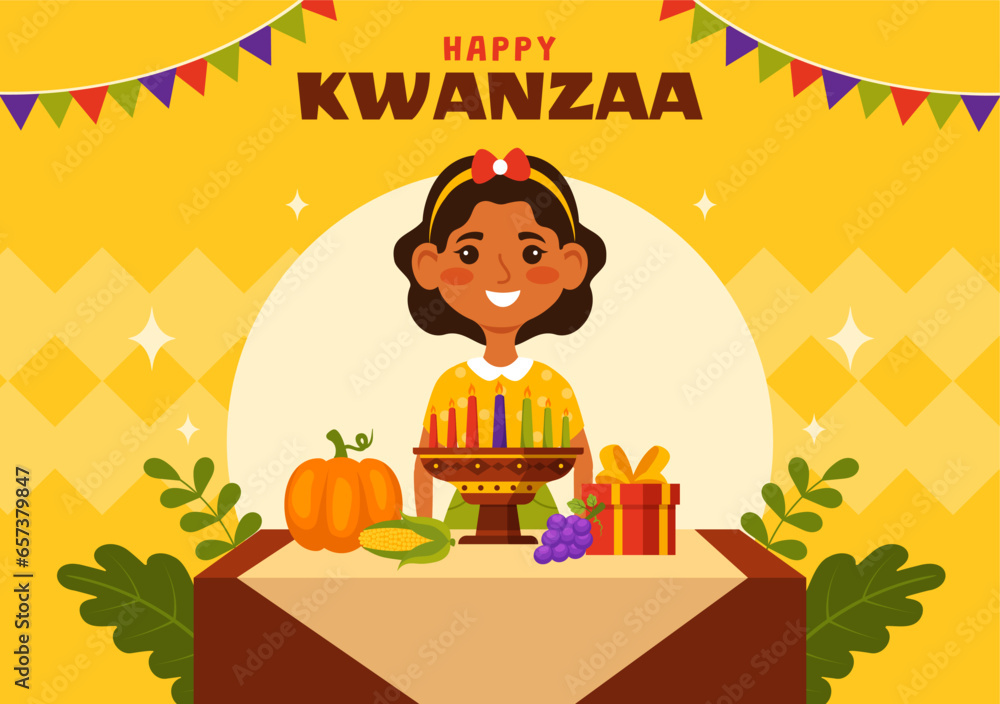 Happy Kwanzaa Vector Illustration with Mazao, Zawadi, Mkeka, Kinara ...