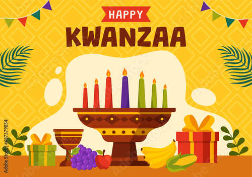 Happy Kwanzaa Vector Illustration with Mazao, Zawadi, Mkeka, Kinara, Gifts, Cup, Candles in Traditional Holiday African Symbol Flat Cartoon Background