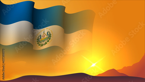 el salvador waving flag background design on sunset view vector illustration
