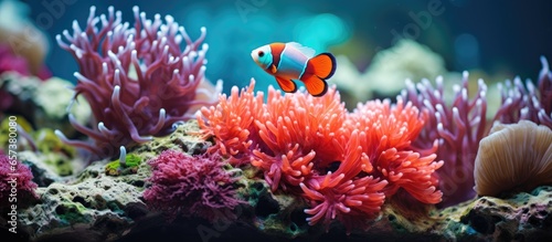 Colorful tropical coral reef with Skunk Clownfish With copyspace for text