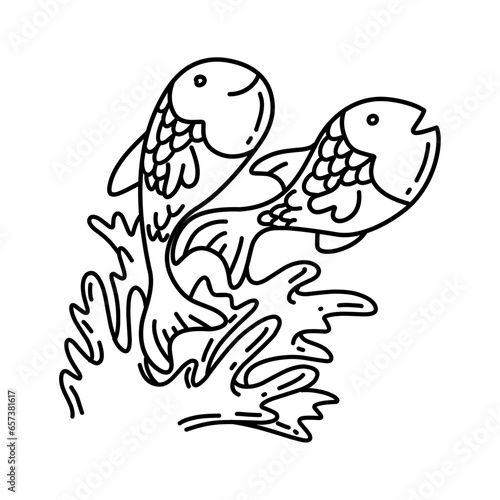 Fish jump out from water. black and white fish illustration for coloring kids.