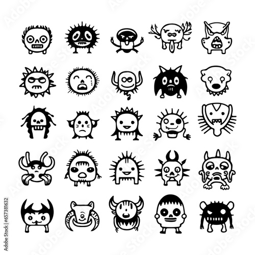 Set of monster heads. Funny head face black white silhouette. Eyes horn teeth fang tongue spike