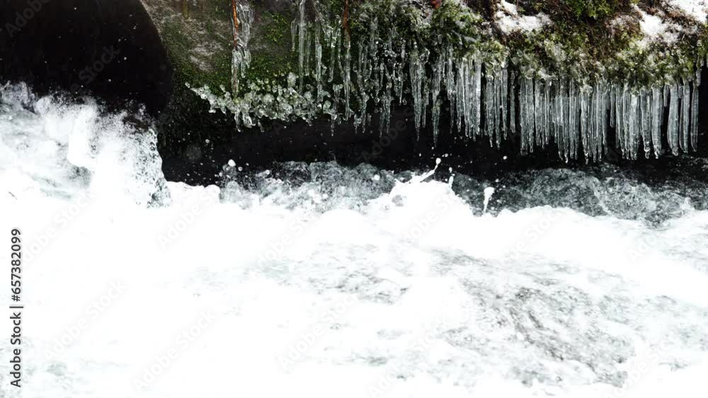 Beautiful snow scene and cool icicles on a river in winter, Nature or travel, Nobody Beautiful snow scene and cool icicles on a river in winter, Nature or travel, Nobody