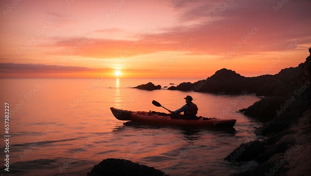 a silhouette of a kayak off a cliff, on during a beautiful sunset with a little pink and orange sunset