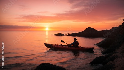 a silhouette of a kayak off a cliff  on during a beautiful sunset with a little pink and orange sunset