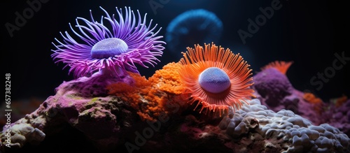 Different zoanthids on a rock With copyspace for text