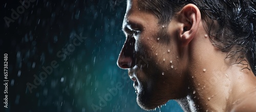 Closeup of a man s back with water drops from a shower representing hygiene for skincare and fitness focusing on shoulder body and muscle training with sweat With copyspace for text