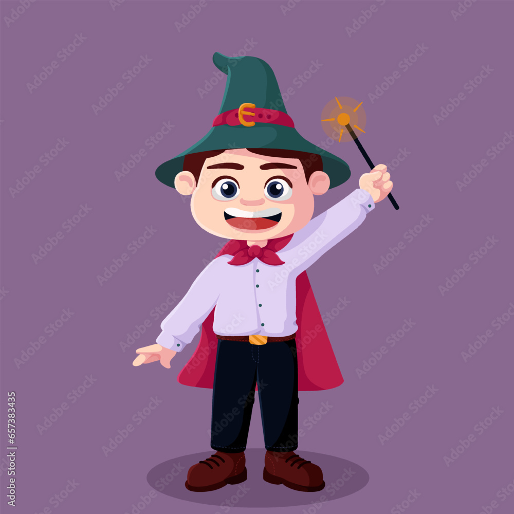 Cartoon Male Wizard Carrying a Magic Wand Vector Illustration