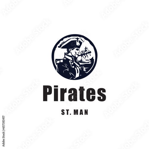 Pirate head cut out vector silhouette. Pirate with mustache and beard wearing a cocked hat