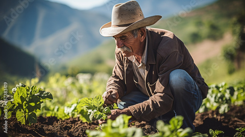 Dedicated Latino Farmer Tending to His Crops
