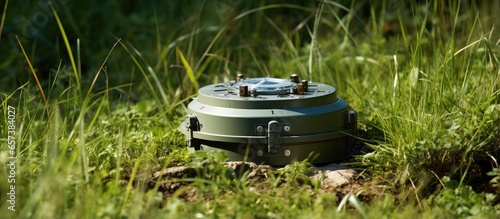 Roadside military landmine placed in grass With copyspace for text photo