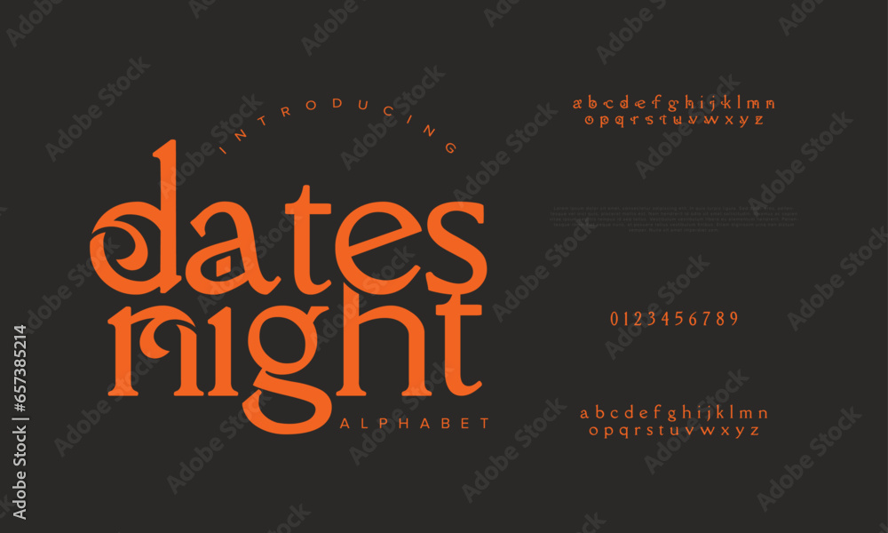 Datesnight premium luxury elegant alphabet letters and numbers. Elegant wedding typography classic serif font decorative vintage retro. Creative vector illustration Datesnight premium luxury elegant alphabet letters and numbers. Elegant wedding typography classic serif font decorative vintage retro. Creative vector illustration