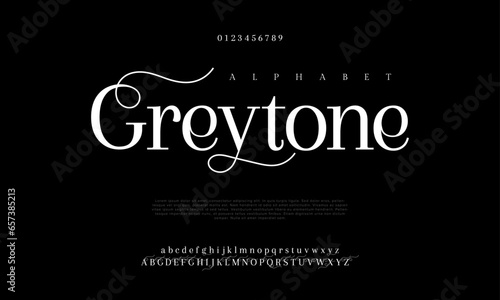 Greytone premium luxury elegant alphabet letters and numbers. Elegant wedding typography classic serif font decorative vintage retro. Creative vector illustration