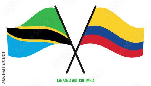 Tanzania and Colombia Flags Crossed And Waving Flat Style. Official Proportion. Correct Colors.
