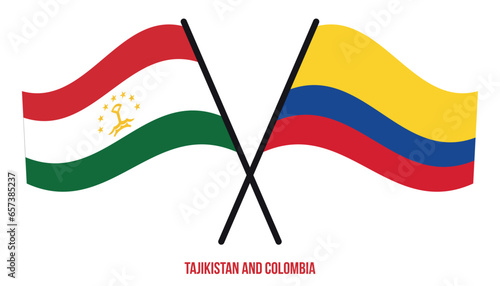 Tajikistan and Colombia Flags Crossed And Waving Flat Style. Official Proportion. Correct Colors.