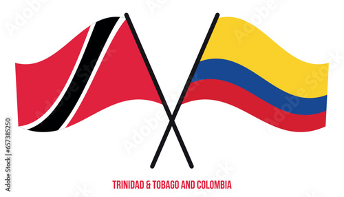 Trinidad   Tobago and Colombia Flags Crossed And Waving Flat Style. Official Proportion.